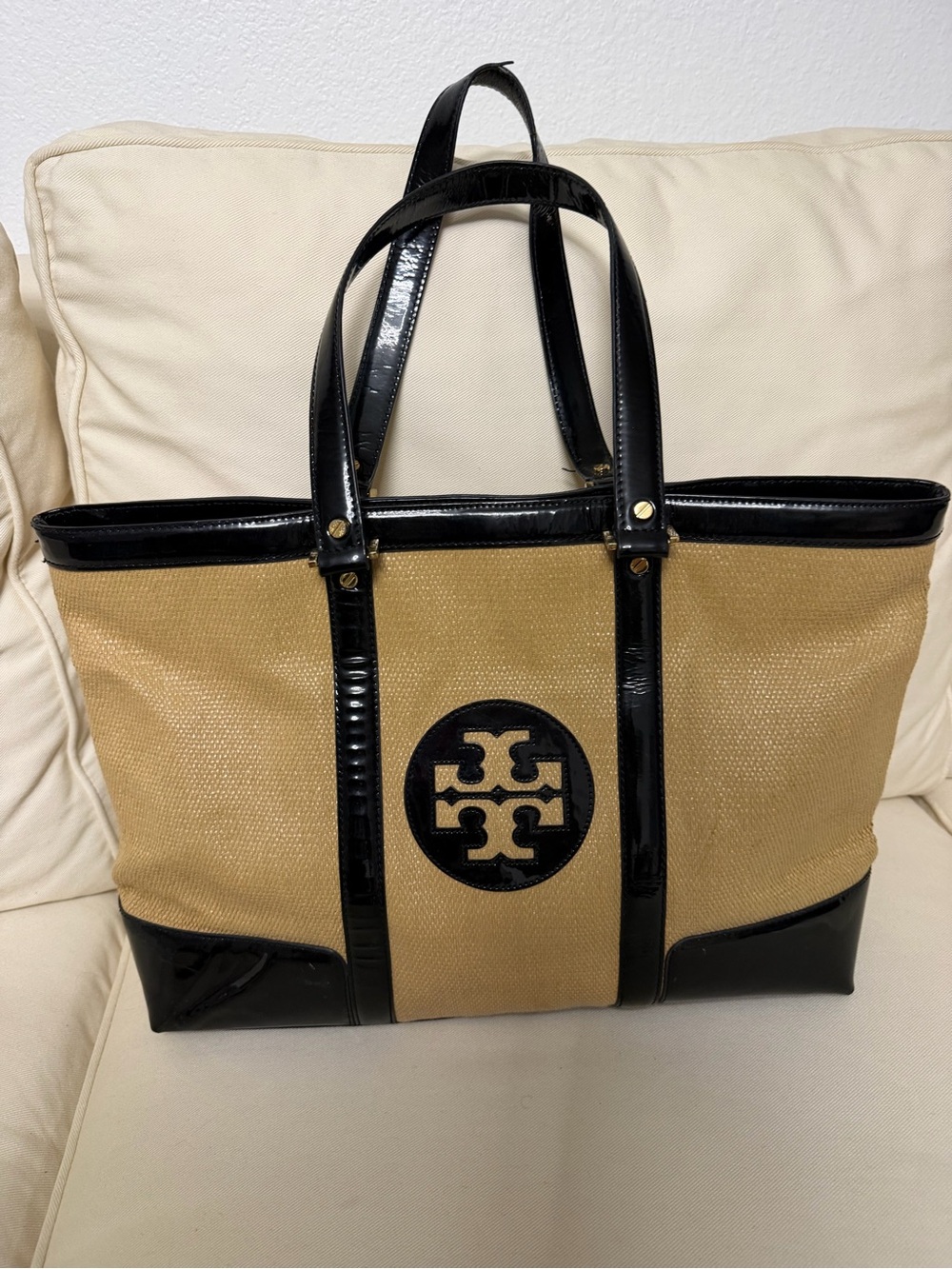 Tory Burch Tan Canvas Tote with Black Patent Leather Trim